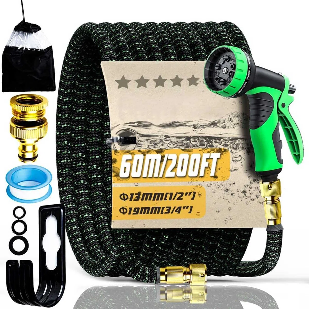 Tubo da Giardino 200FT/60M, Tubo da Giardino Estensibile con Connettori da 3/4" e 1/2", Antipiega e Anti-perdite, Ugello Spray a 10 Funzioni per Irrigazione del Giardino, Lavaggio Auto e Pulizia