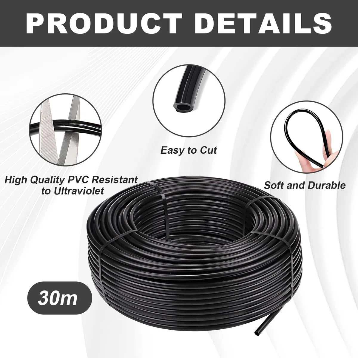 Micro tubo per irrigazione, 30 m, tubo antigoccia, diametro interno 4 mm/diametro esterno 6 mm, tubo per irrigazione nero, tubo in PVC, per sistema di irrigazione da giardino