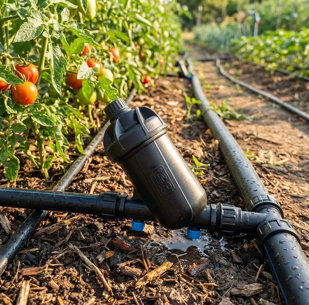 Suinga Filtro a rete 1" per tubo 32 mm. Con tappo di scarico. Utilizzato in impianti di irrigazione e irrigazione a goccia. Filettatura 1" e capacità filtrata 120 Mesh