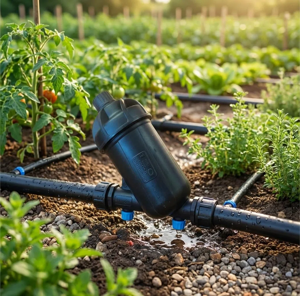 Suinga Filtro a rete 1" per tubo 32 mm. Con tappo di scarico. Utilizzato in impianti di irrigazione e irrigazione a goccia. Filettatura 1" e capacità filtrata 120 Mesh