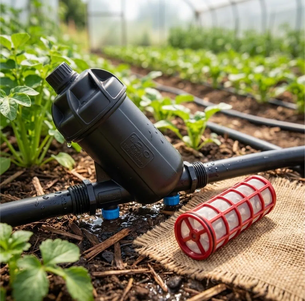 Suinga Filtro a rete 1" per tubo 32 mm. Con tappo di scarico. Utilizzato in impianti di irrigazione e irrigazione a goccia. Filettatura 1" e capacità filtrata 120 Mesh