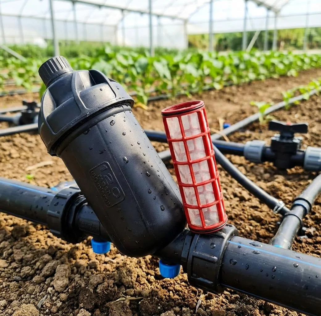 Suinga Filtro a rete 1" per tubo 32 mm. Con tappo di scarico. Utilizzato in impianti di irrigazione e irrigazione a goccia. Filettatura 1" e capacità filtrata 120 Mesh
