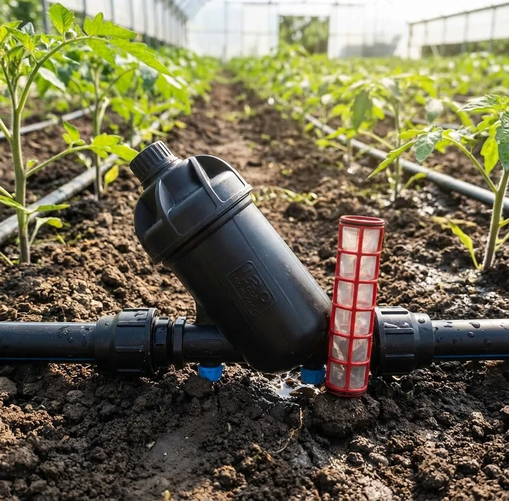 Suinga Filtro a rete 1" per tubo 32 mm. Con tappo di scarico. Utilizzato in impianti di irrigazione e irrigazione a goccia. Filettatura 1" e capacità filtrata 120 Mesh
