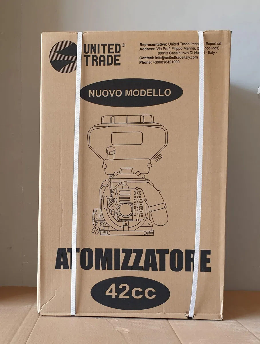ATOMIZZATORE, NEBULIZZATORE, IRRORATORE,SPRUZZATORE, SANIFICATORE, TURBO 20 Litri a Scoppio 42 CC. lavora in verticale UNITED TRADE + OMAGGIO CUFFIE PROTETTIVE